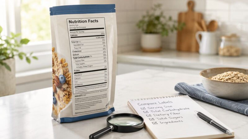 Generic nutrition facts label with checklist for total carbohydrate comparison
