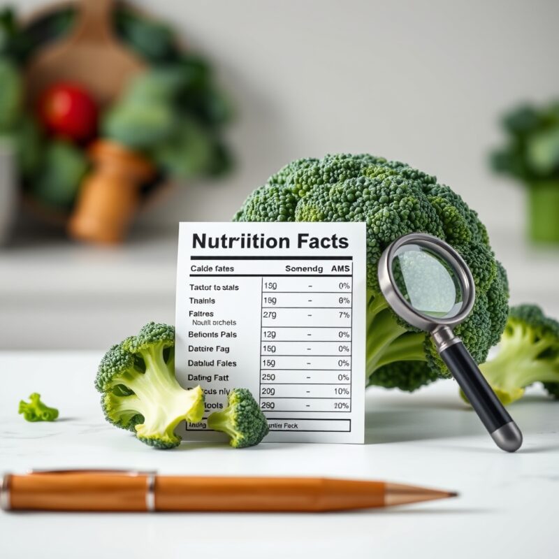 Broccoli, raw with a generic Nutrition Facts style card for nutrition data review