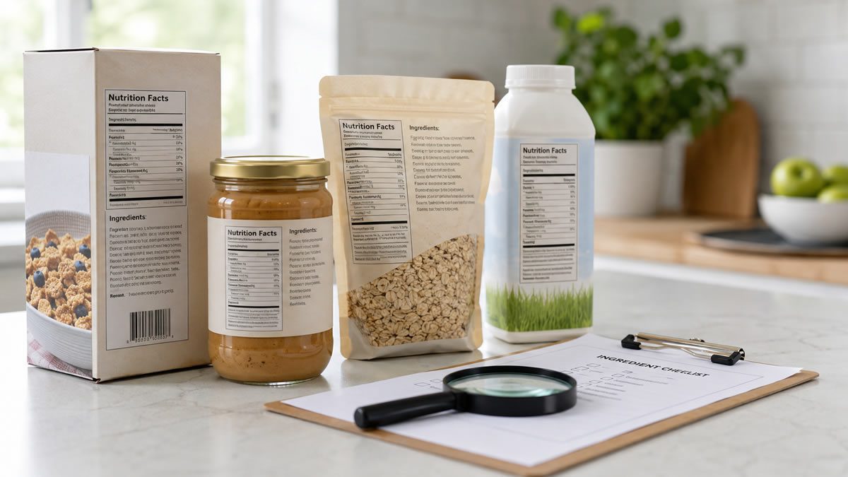 Packaged food labels and ingredient lists arranged for clean label and ingredient comparison