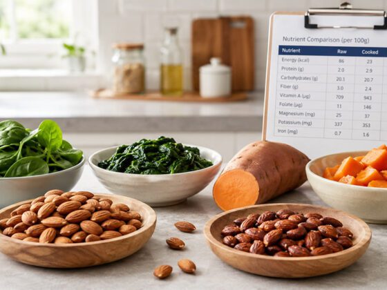 Raw and cooked foods displayed side by side to illustrate how preparation methods can change nutrition facts.