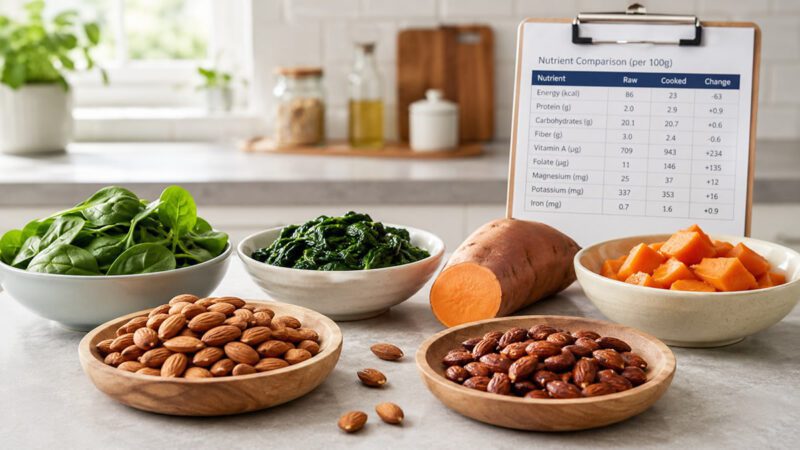 Raw and cooked foods displayed side by side to illustrate how preparation methods can change nutrition facts.