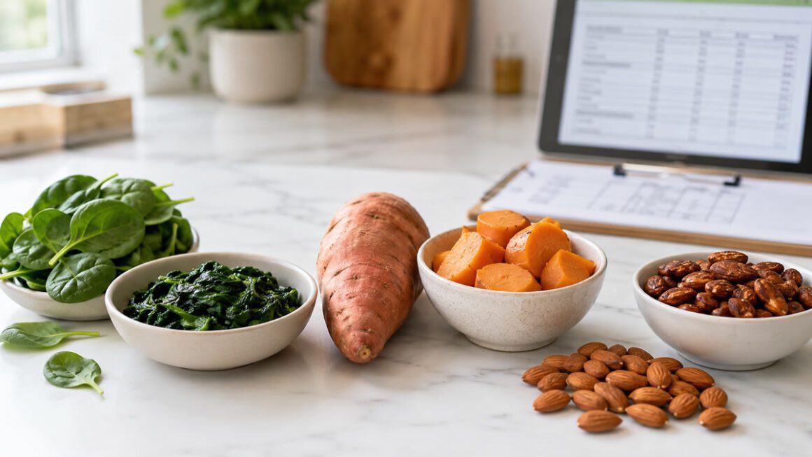 Raw and cooked foods side by side showing how preparation method can affect nutrition facts comparisons