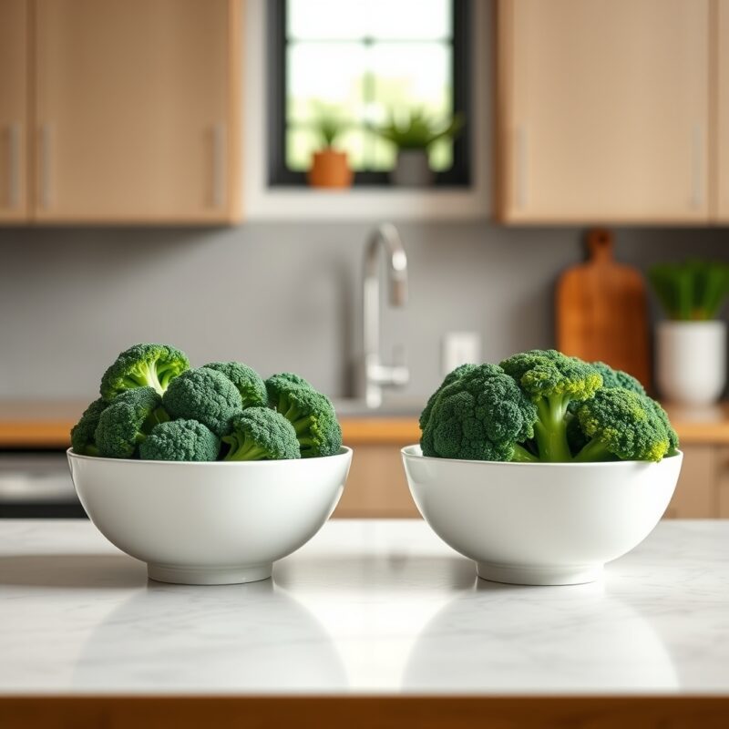 Raw vs Cooked Broccoli shown in raw and cooked forms for a preparation impact nutrition comparison