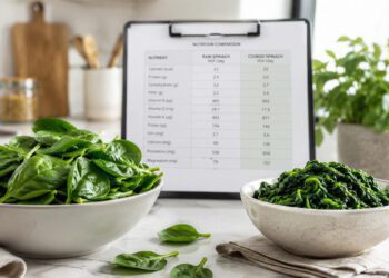 Raw spinach leaves beside cooked spinach in a bowl for a nutrition facts comparison