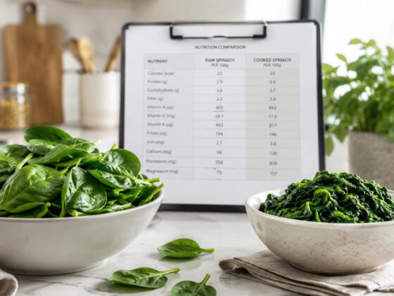Raw spinach leaves beside cooked spinach in a bowl for a nutrition facts comparison