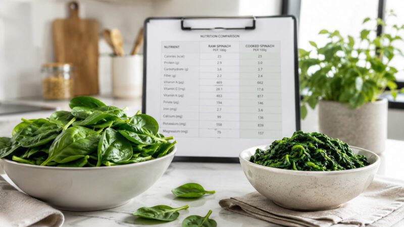 Raw spinach leaves beside cooked spinach in a bowl for a nutrition facts comparison