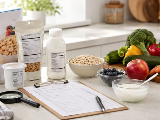 Generic packaged foods and whole ingredients arranged for ultra-processed food label comparison