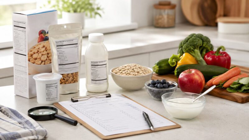 Generic packaged foods and whole ingredients arranged for ultra-processed food label comparison