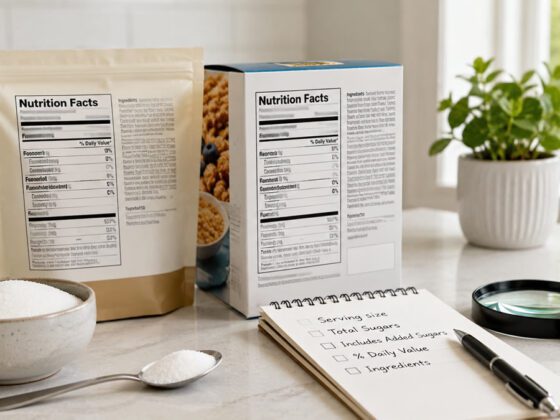 Generic nutrition facts label with sugar spoon and checklist for added sugar comparison