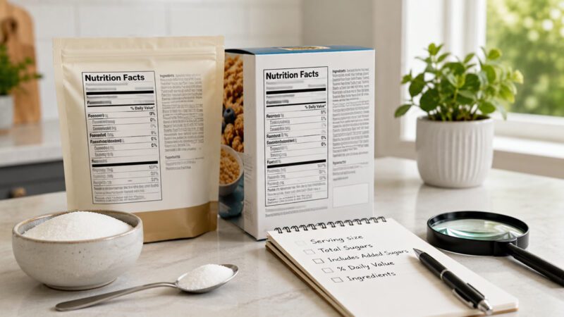 Generic nutrition facts label with sugar spoon and checklist for added sugar comparison