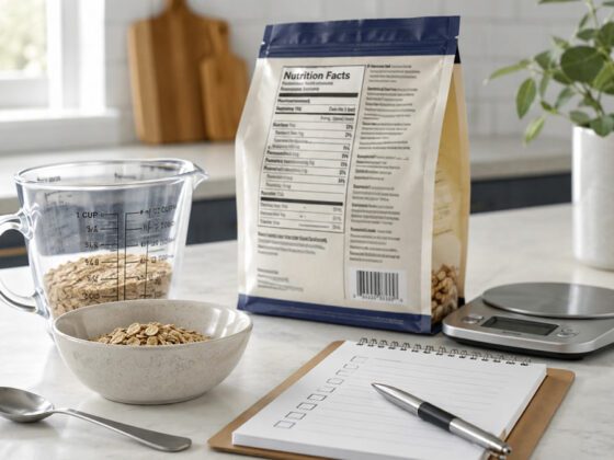 Generic food package with nutrition facts label beside measuring tools for serving size comparison