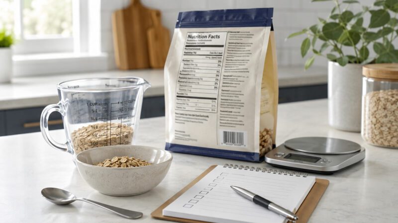 Generic food package with nutrition facts label beside measuring tools for serving size comparison