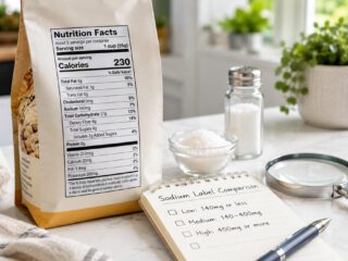 Generic nutrition facts label with sodium line and checklist for sodium comparison