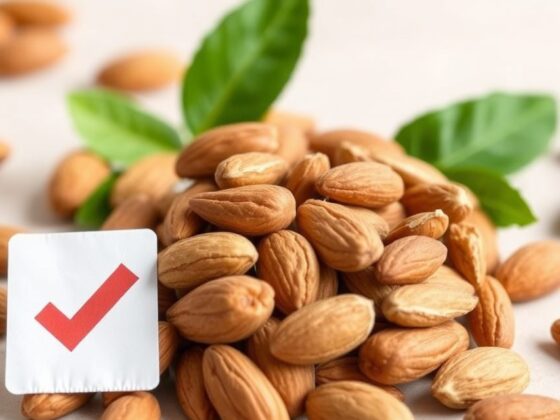 Nuts, almonds with a generic Nutrition Facts style card for nutrition data review