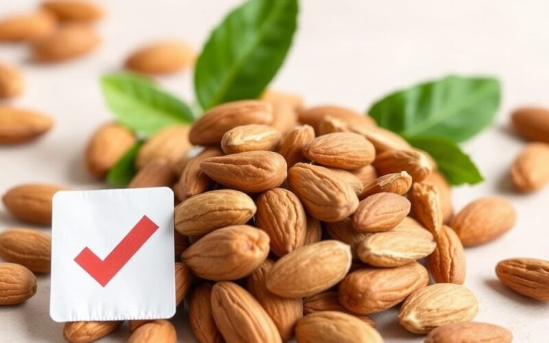 Nuts, almonds with a generic Nutrition Facts style card for nutrition data review