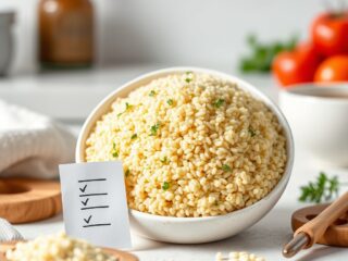 Quinoa, cooked with a generic Nutrition Facts style card for nutrition data review