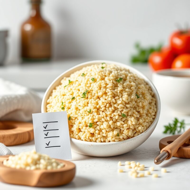Quinoa, cooked with a generic Nutrition Facts style card for nutrition data review
