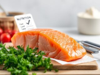 Fish, salmon, Atlantic, farmed, raw with a generic Nutrition Facts style card for nutrition data review