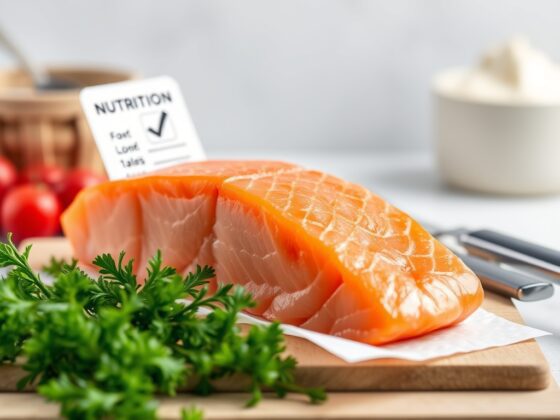 Fish, salmon, Atlantic, farmed, raw with a generic Nutrition Facts style card for nutrition data review