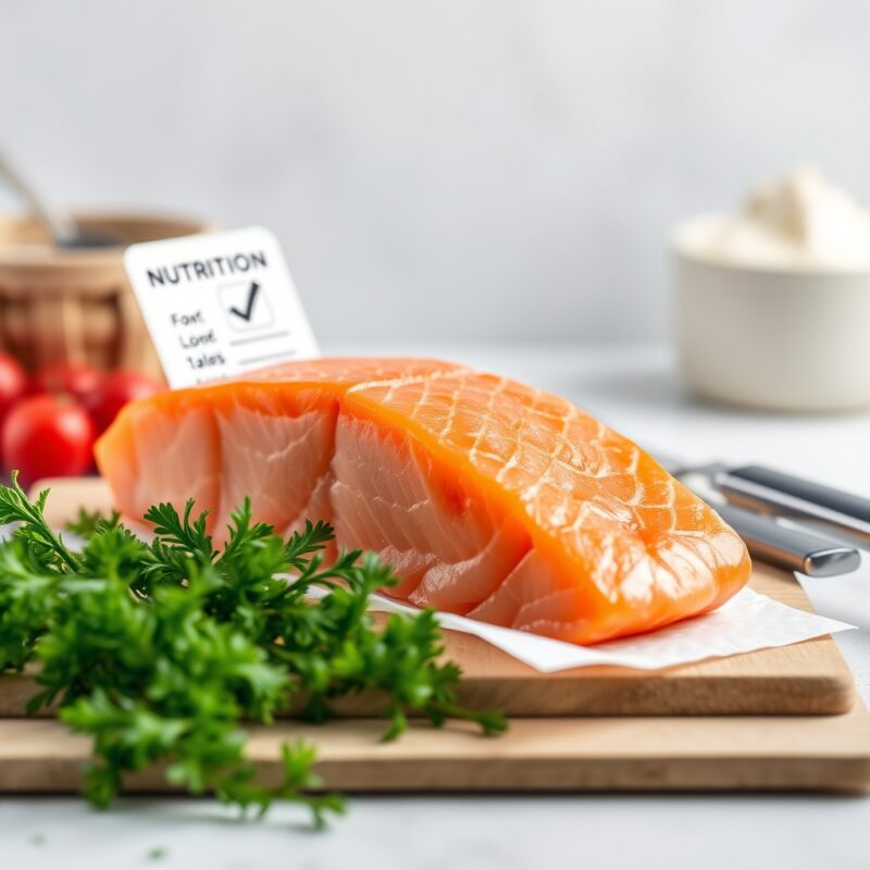 Fish, salmon, Atlantic, farmed, raw with a generic Nutrition Facts style card for nutrition data review